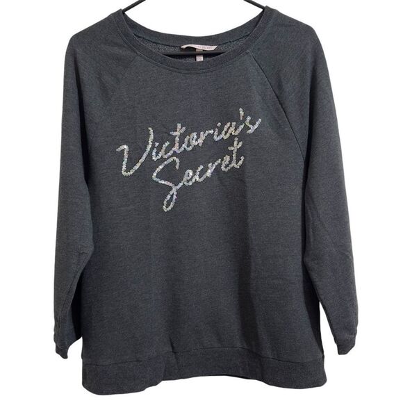 VICTORIA’S SECRET IRIDESCENT SEQUIN LOGO CHARCOAL GRAY 3/4 SLEEVE SWEATER XS - Picture 1 of 10